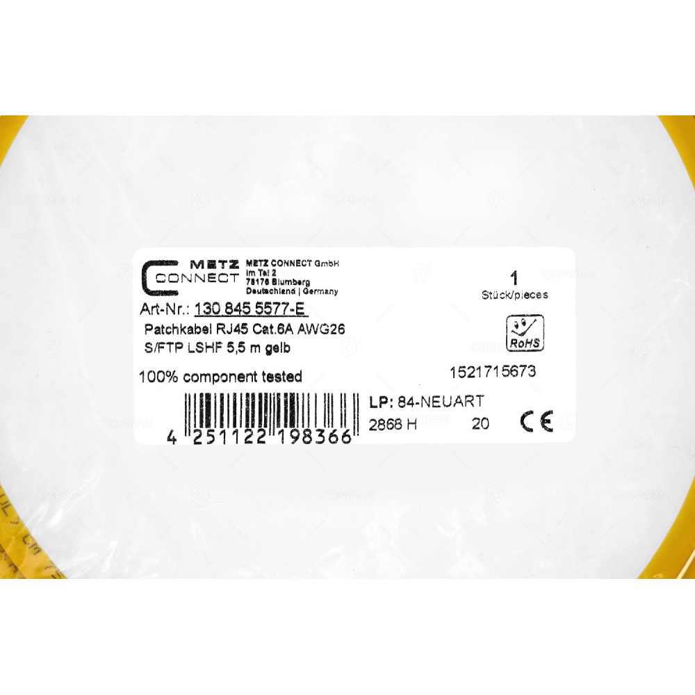 4251122198366  METZ CONNECT PATCHCORD RJ45 CAT.6A AWG26 5.5M YELLOW